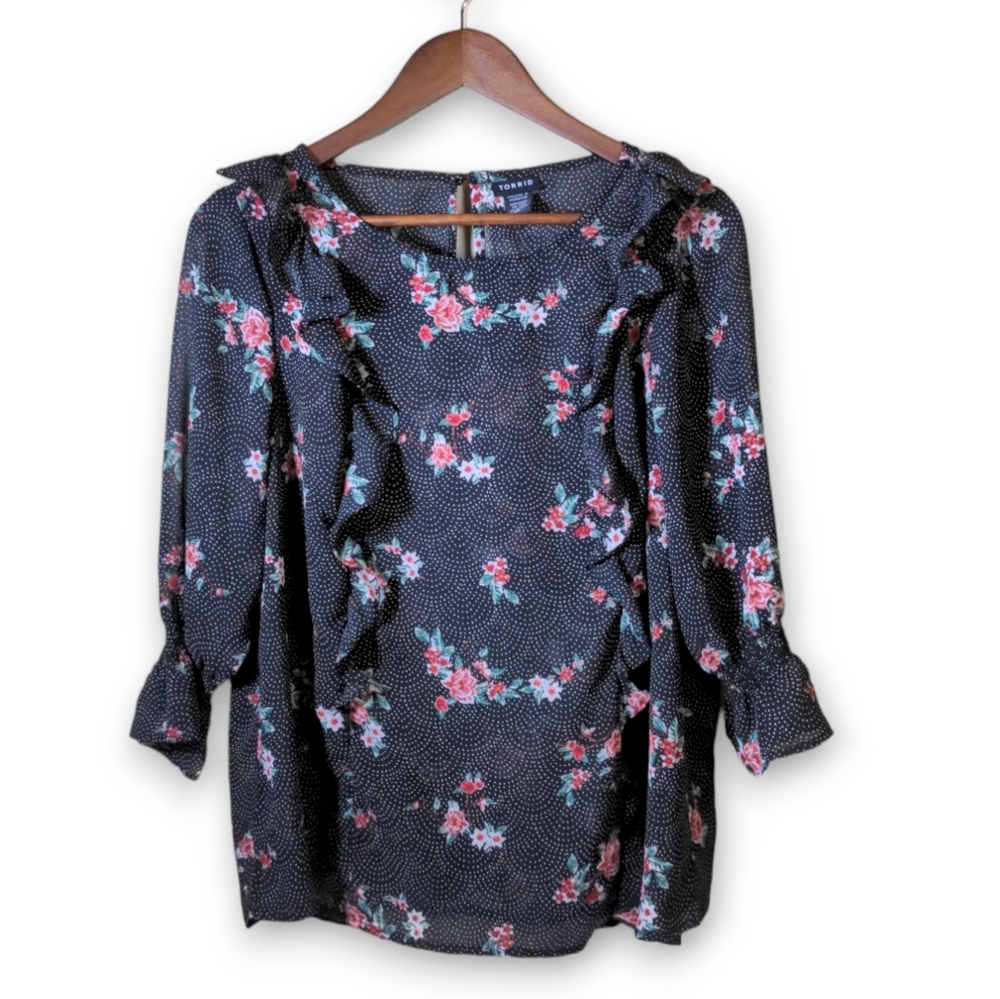 Torrid Black Floral Printed Sheer Blouse